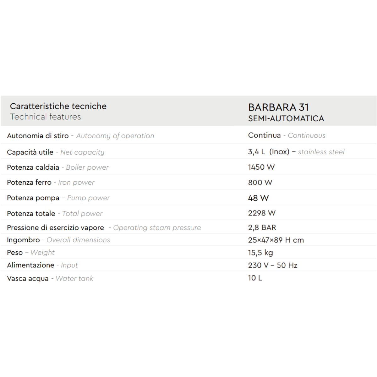 Battistella Ferro da stiro semi-automatico con caldaia da 4,5L e pompa Barbara 31