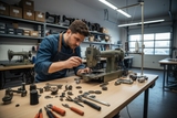 macchina per cucire con tecnico che la sta riparando in una officina